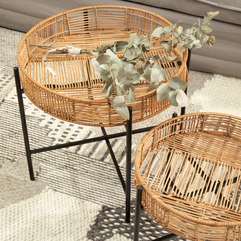 Natural-toned batu set side table with woven natural rattan and black metal cross base frame