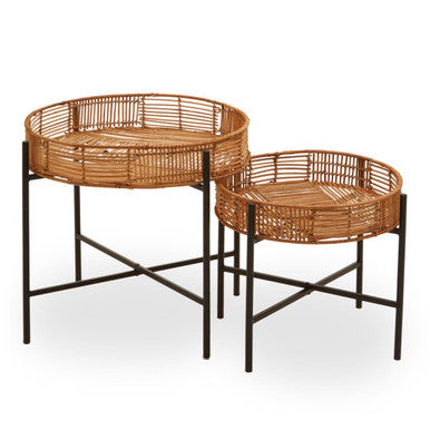 Batu set of 2 natural rattan side tables with black cross base metal legs and nesting tray design
