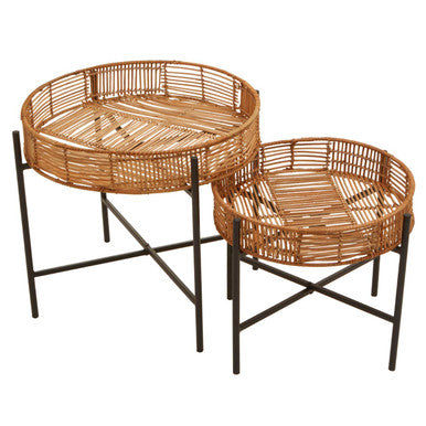 Batu set of 2 natural rattan side tables with round tops and black cross base metal legs perfect for living spaces