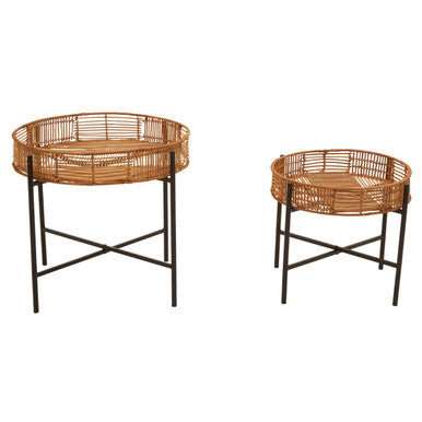 Two natural rattan woven trays with black metal cross base legs from the batu set side tables