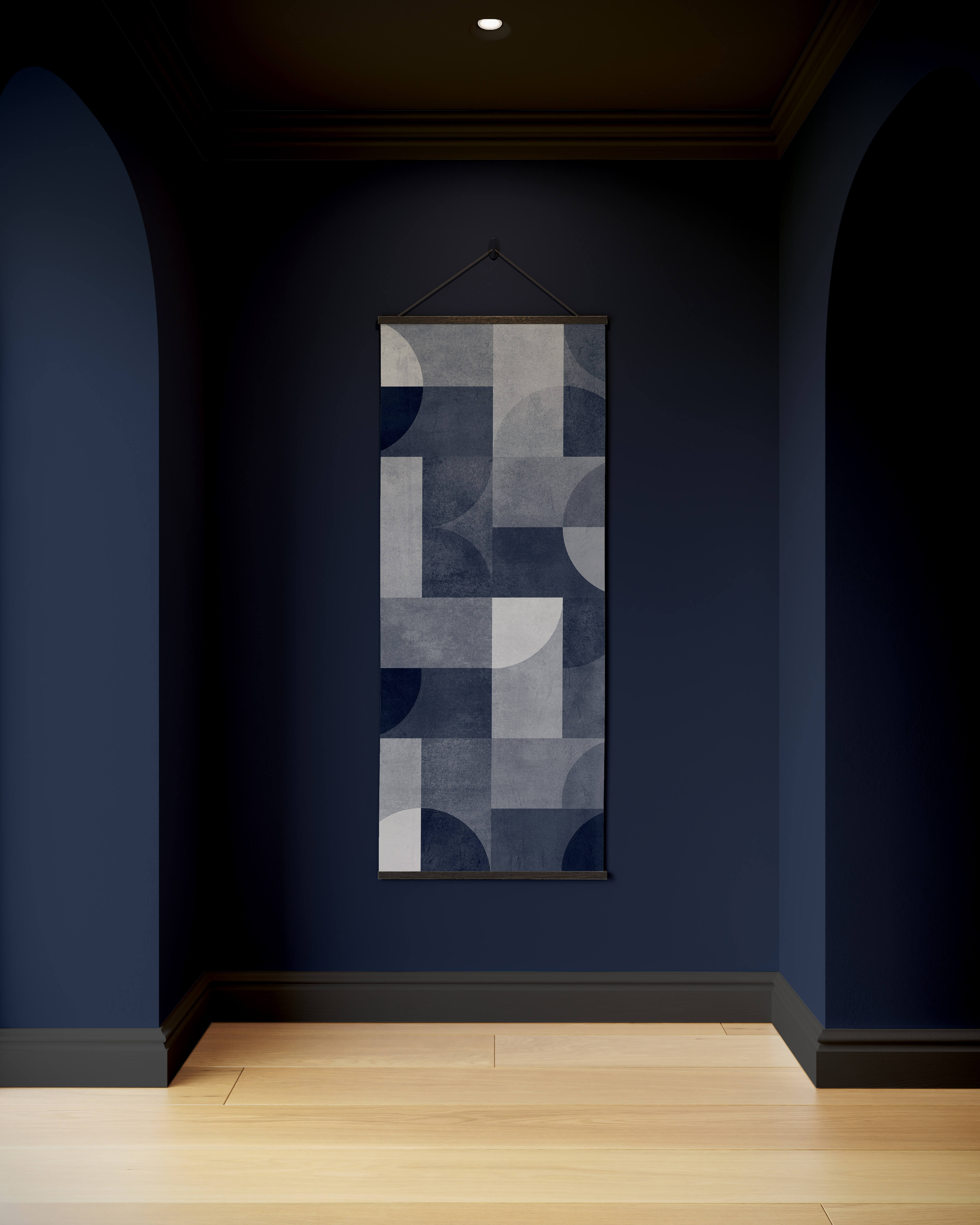 A bauhaus geometric concrete effect tapestry with overlapping blue, gray, and white circles and rectangles in abstract style