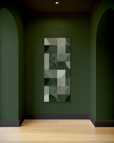 A bauhaus geometric concrete effect tapestry with overlapping green and white circles and a thin dark border