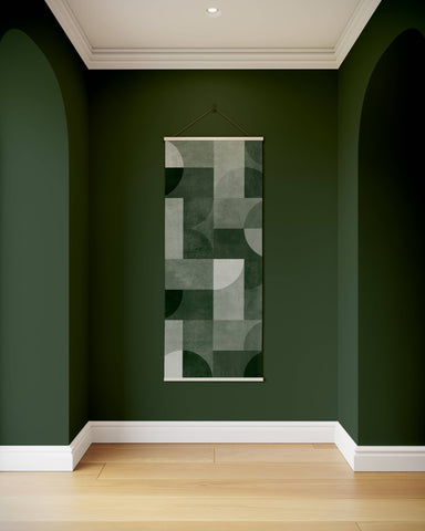 A modern bauhaus geometric concrete effect tapestry with overlapping green gray and white circles and rectangles design