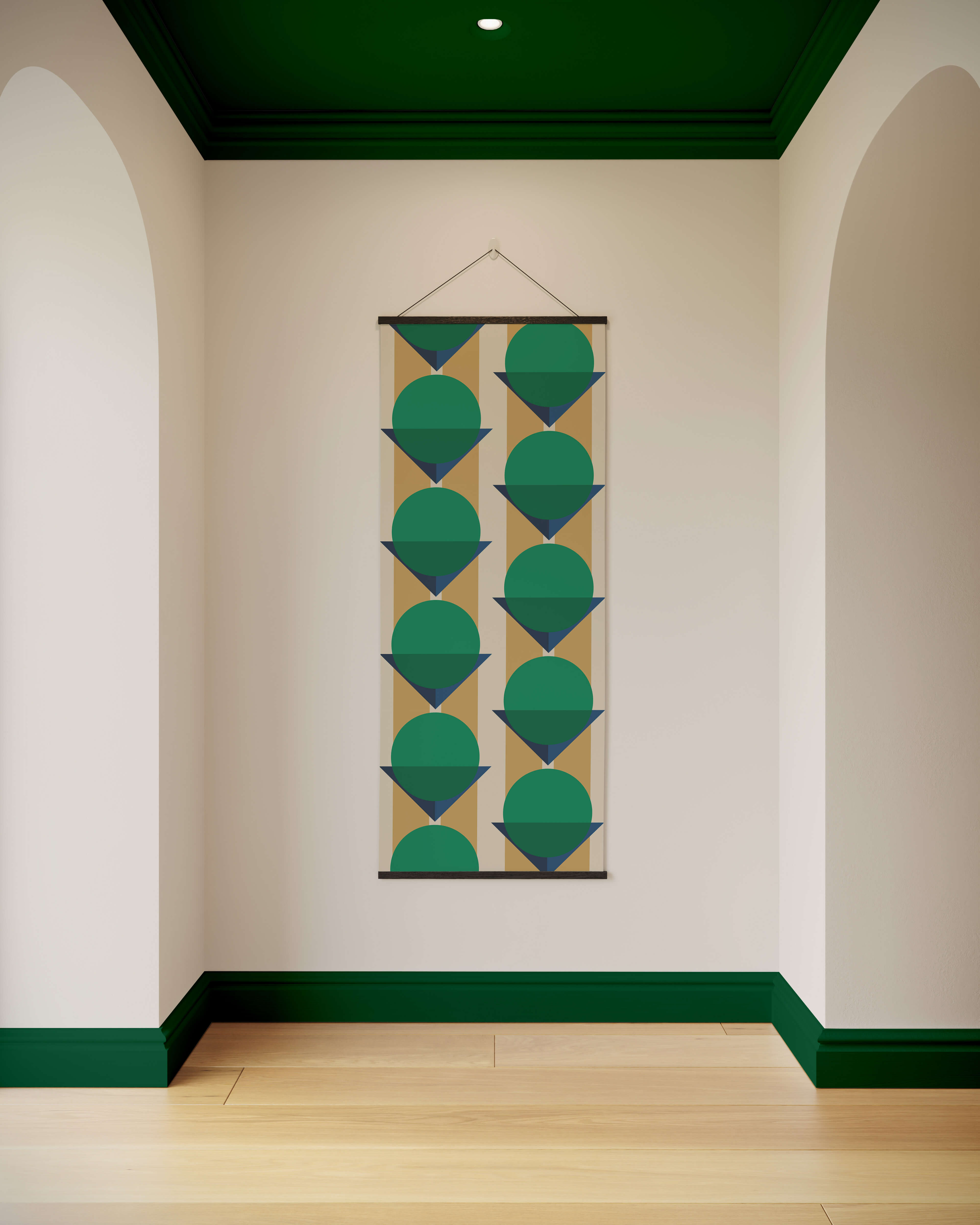 A bauhaus geometric tapestry with teal and navy circular shapes on beige background framed by dark green borders