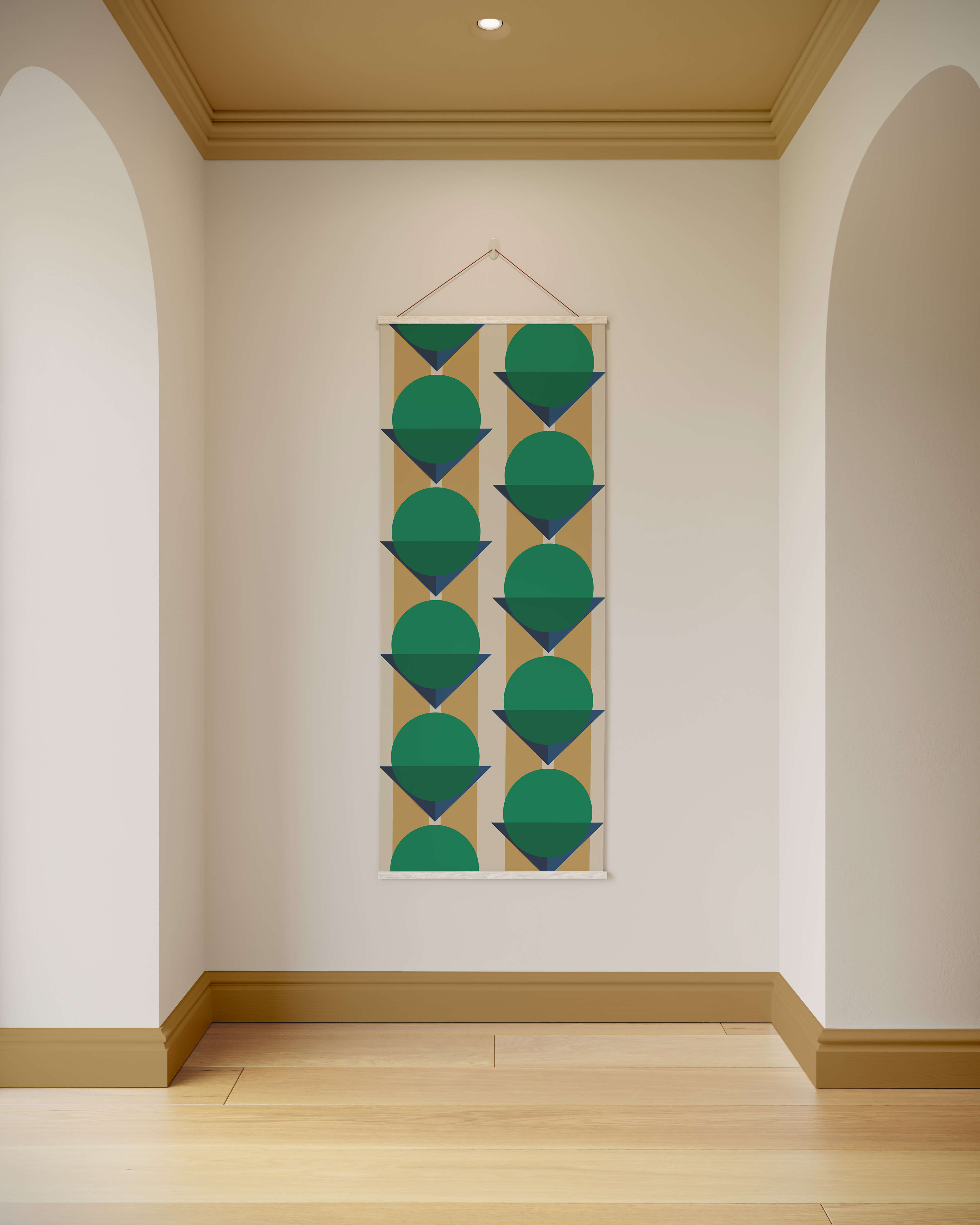 A bauhaus geometric tapestry featuring green and navy blue semi-circles on beige with white trim wall hanging