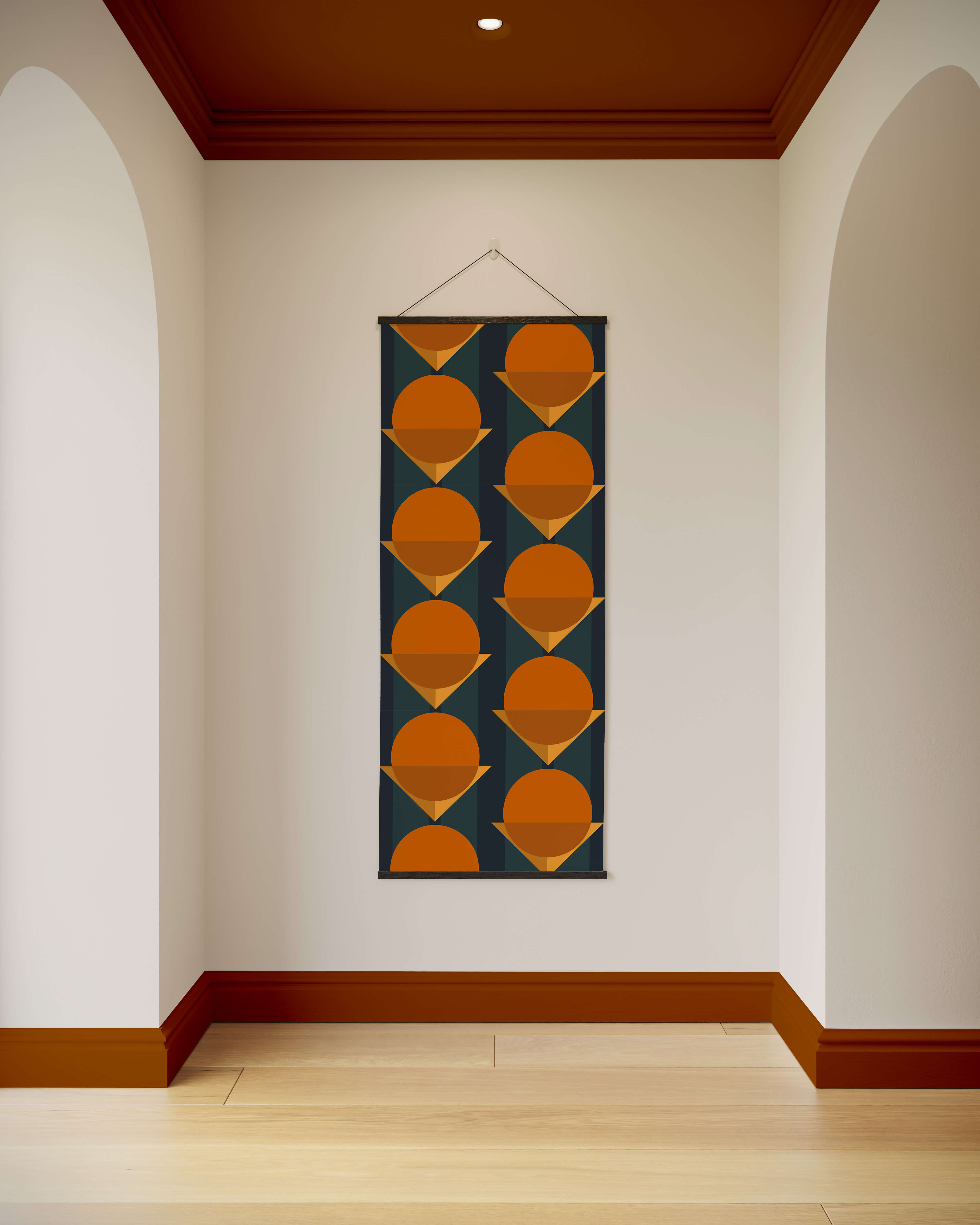 A bauhaus geometric tapestry with orange circles outlined in gold on dark teal perfect for wall decor