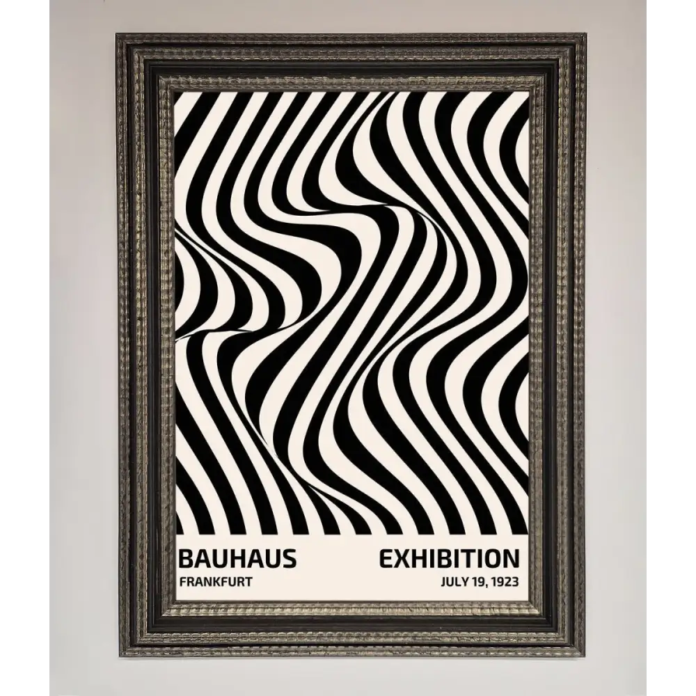 Bauhaus Wavy Black Lines Framed Poster - A3 (29.7 x 42 cm) / Ornate Silver Black - Framed Print