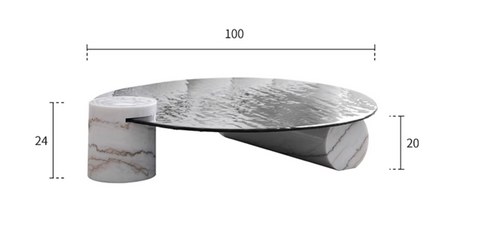 Modern baxter coffee table with round black glass top and two cylindrical white gray marble legs wave top design