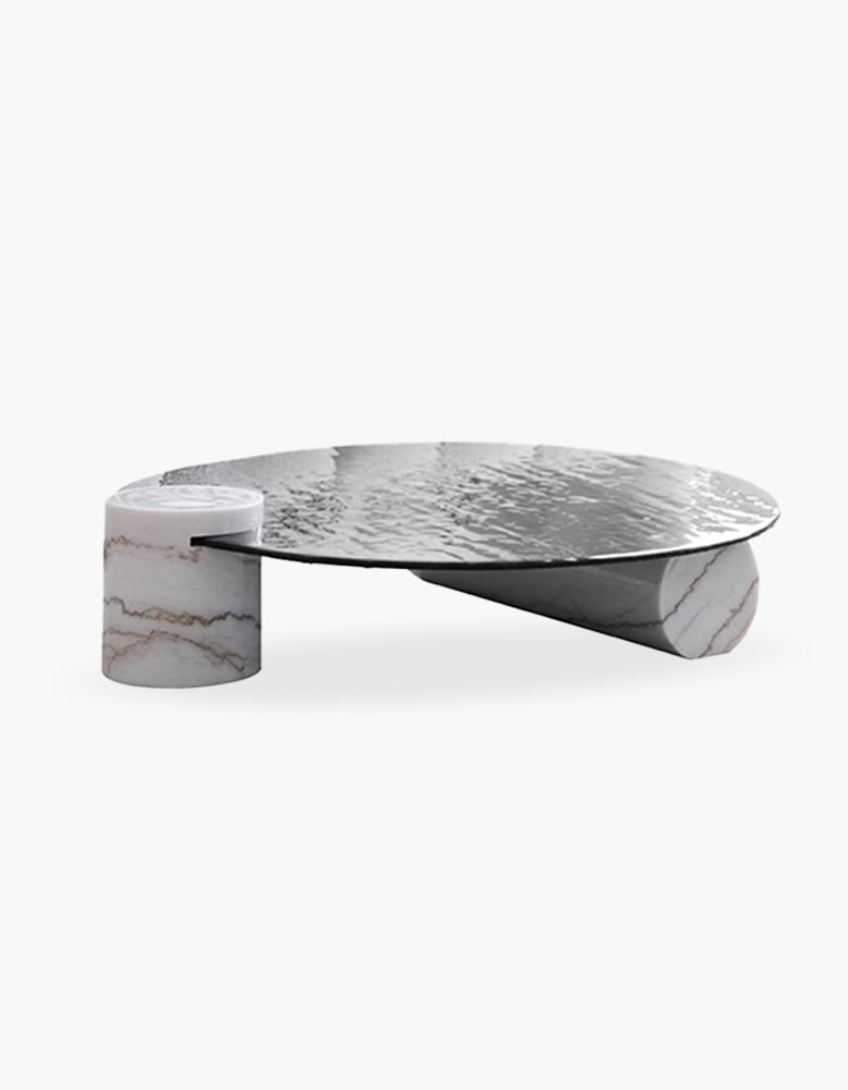 Modern baxter coffee table with dark gray textured glass top and marble legs featuring white and pink veining
