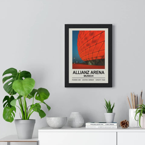 Black-framed poster print of bayern munich allianz arena in vibrant red geometric pattern perfect for fans