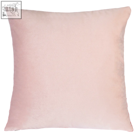 Be nice or leave needlepoint cushion with soft blush pink velvet and plush textured surface for cozy decor