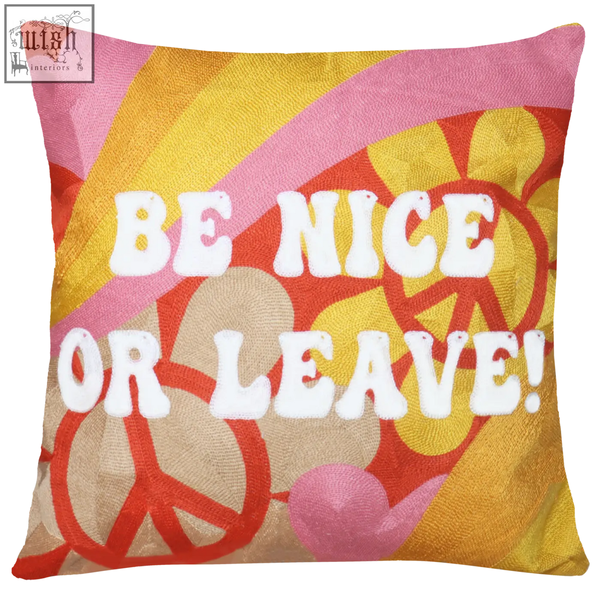 Be nice or leave needlepoint cushion with vibrant pink yellow red psychedelic swirls peace signs and hearts design