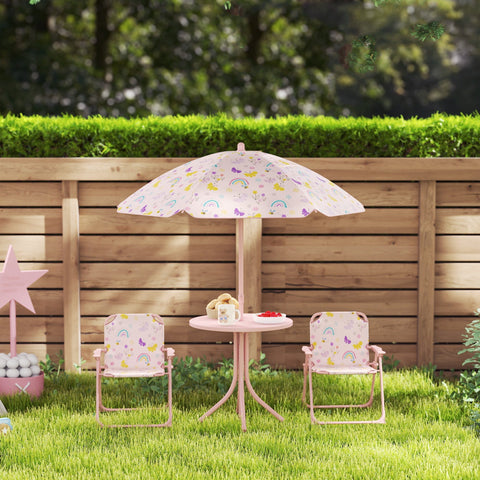 AIYAPLAY 4 Pieces Kids Garden Table and Chair Set with Adjustable Parasol, Folding Chairs, Table, Rainbow Pattern, Pink