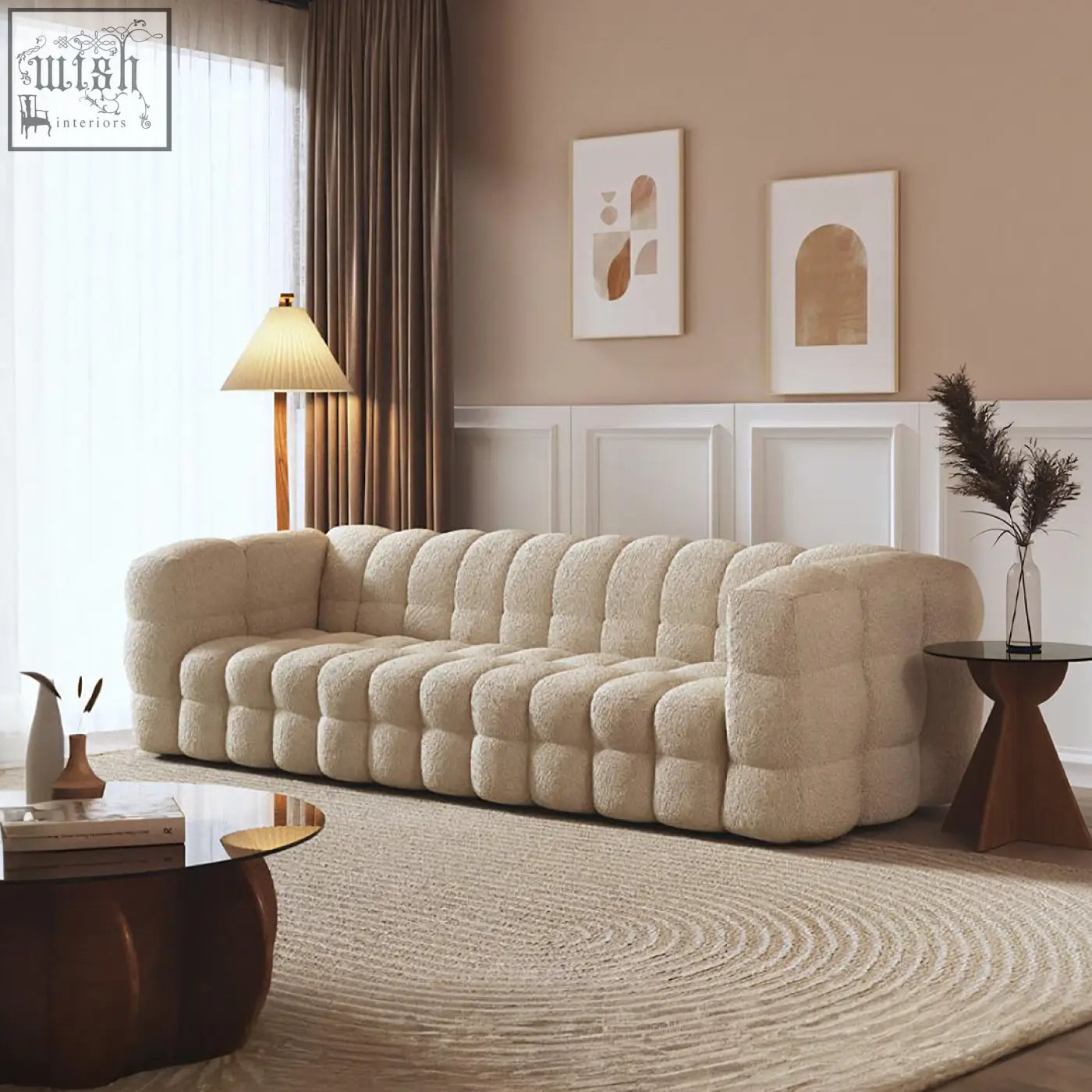Cream-colored plush tufted bea beatrice sofa with modern segmented boucle design two seater sofa option