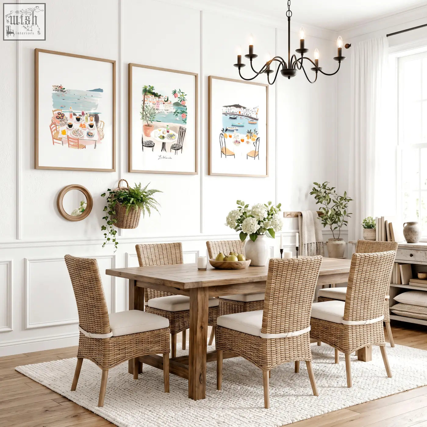Woven wicker dining chairs with cream cushioned seats in beach art coastal mediterranean dining room wall art set