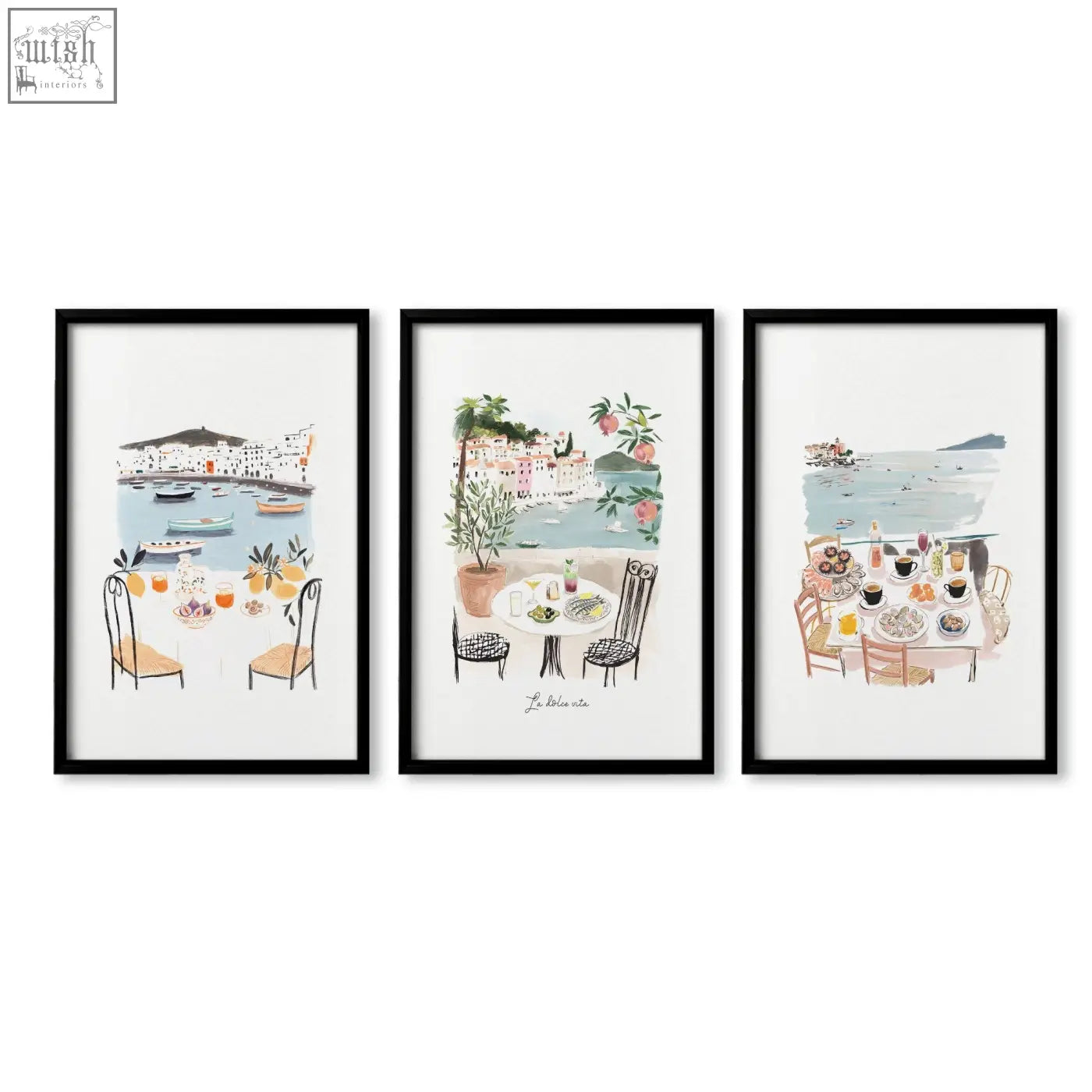 Set of three black-framed watercolor beach art prints featuring coastal italian dining room scenes with tables and chairs