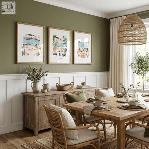 Woven rattan pendant light with natural texture paired with beach art coastal mediterranean dining room wall art prints