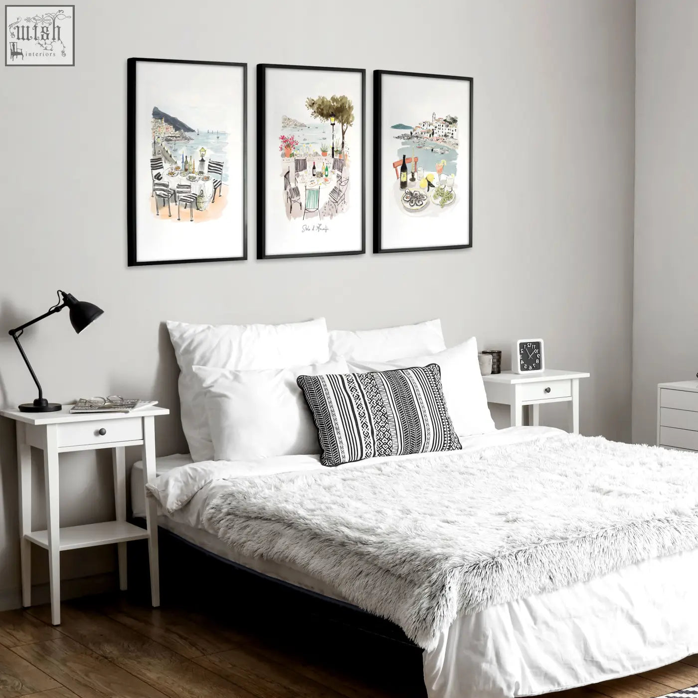 White fluffy bedspread with soft texture featured alongside beach artwork amalfi coast solo di amalfi set of 3