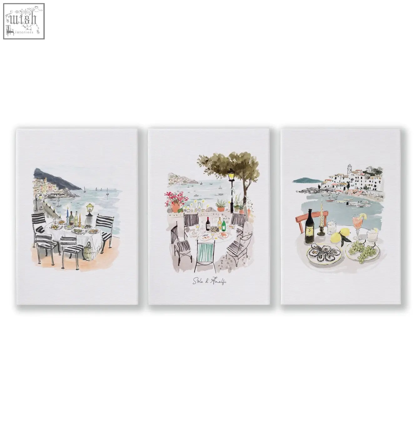 Set of three watercolor canvas prints featuring amalfi coast beach artwork with coastal dining scenes solo di amalfi