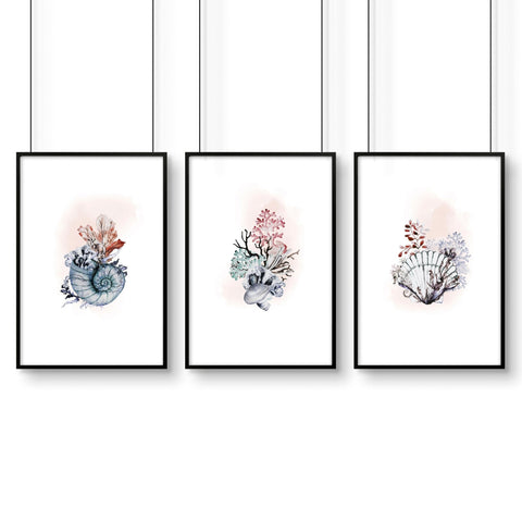Beach theme bathroom decor | set of 3 wall art prints