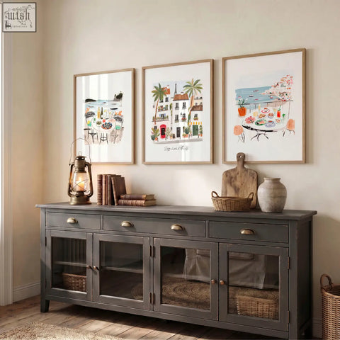 Dark gray wooden sideboard with glass-paneled doors and brass handles perfect for displaying beach painting art prints wall art