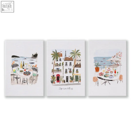 Set of three soft watercolor beach painting art prints featuring amalfi coast seaside and city wall art