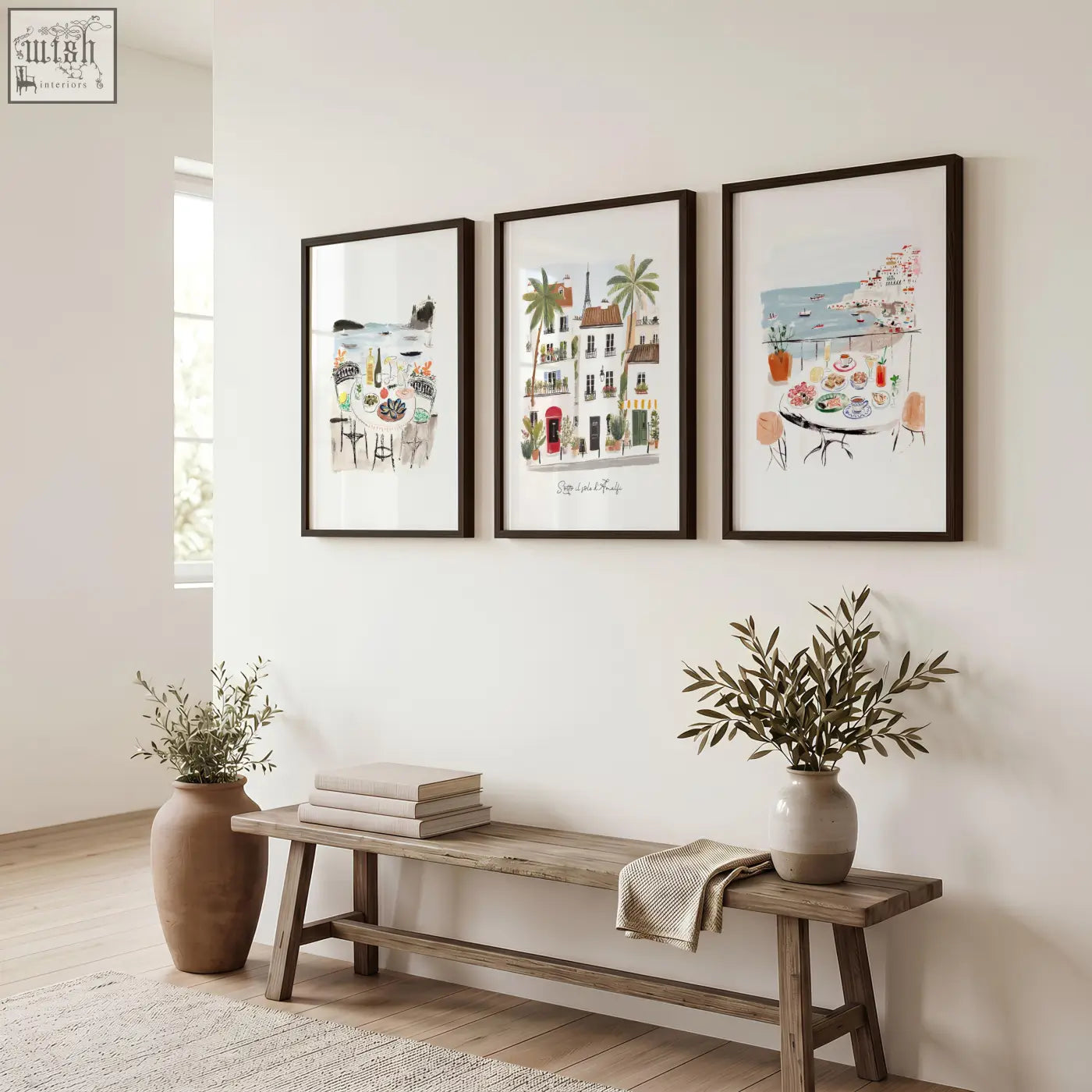 Three black framed watercolor art prints of amalfi coast beach painting showing coastal towns and cafes wall art set