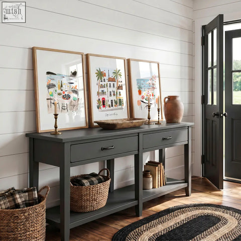 Dark gray console table with rustic wooden top and open shelving perfect for displaying beach painting wall art prints