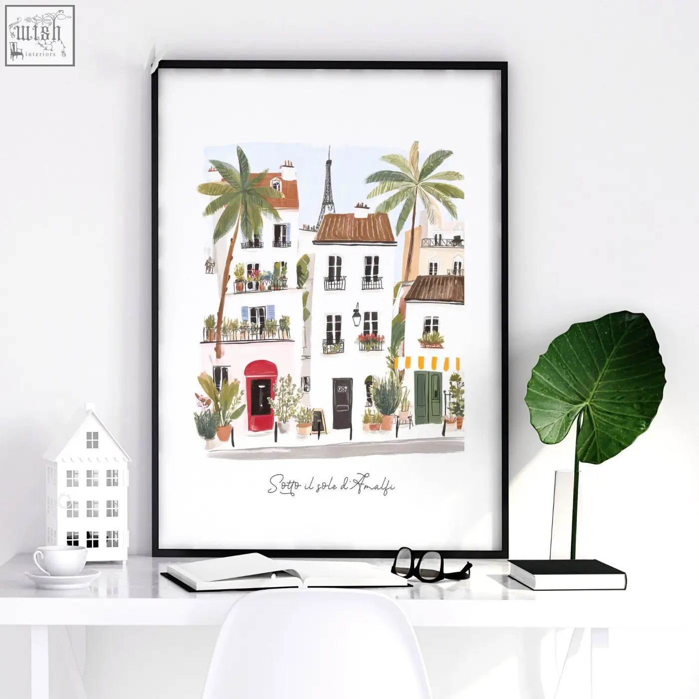 A framed art print of a charming parisian street with palm trees eiffel tower colorful buildings perfect wall art beach painting