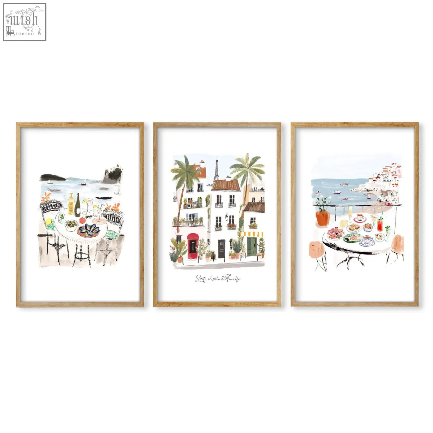 Set of three framed watercolor beach painting art prints featuring charming amalfi coast seaside scenes in light wood frames