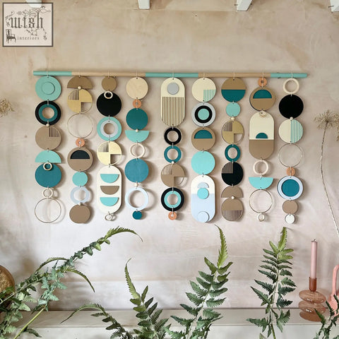 A modern wall art wooden geometric artwork with teal beige black and cream tones perfect for minimal home decor