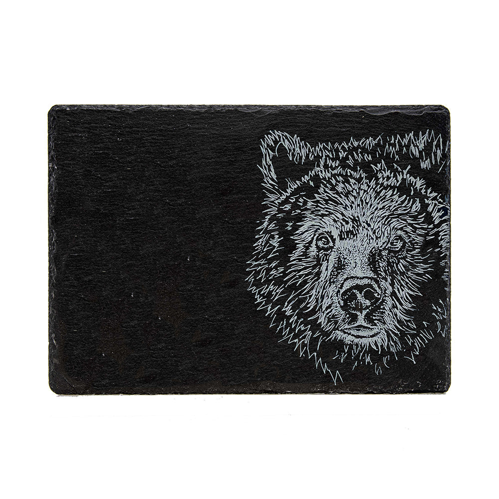 Black slate cheese board with detailed white engraved bear head design perfect as a bear slate cheese serving board