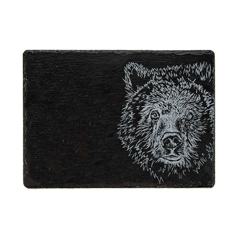 Black slate cheese board with detailed white engraved bear head design perfect as a bear slate cheese serving board