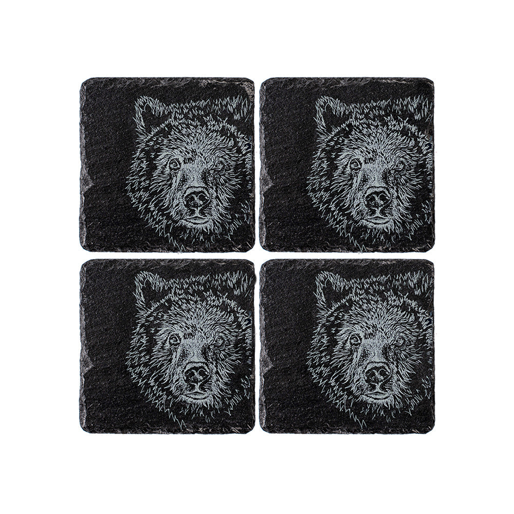 Black slate coasters set of 4 with intricately engraved bear faces perfect for rustic home decor