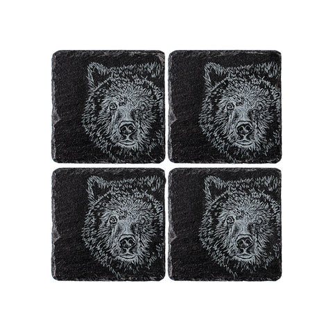Black slate coasters set of 4 with intricately engraved bear faces perfect for rustic home decor