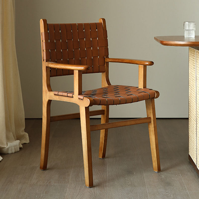 Brown woven leather dining chair with ash wood light frame without armrest perfect for dining areas