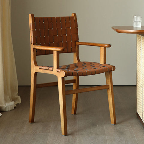 Brown woven leather dining chair with ash wood light frame without armrest perfect for dining areas