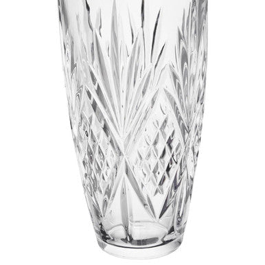 Clear crystal scalloped vase with intricate diamond and leaf cut patterns perfect for elegant decor