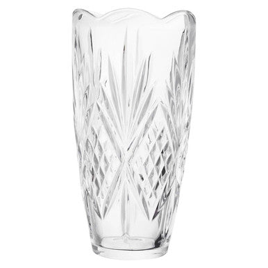 Clear crystal scalloped vase with intricate diamond and leaf patterns perfect for elegant decor