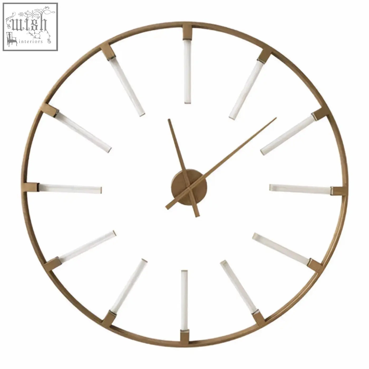 Beauly gold finish round wall clock with minimalist gold frame and slender white stick markers and matching hands