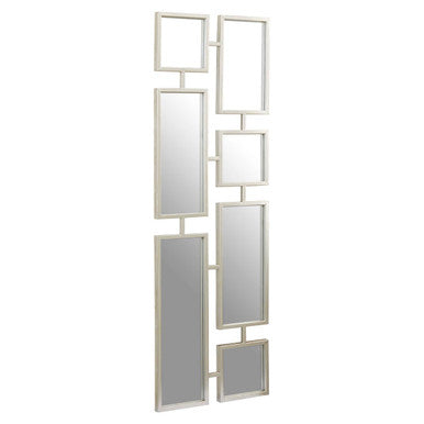 Beauly silver multi frame mirror with a silver geometric modular design featuring vertical rectangular and square panels