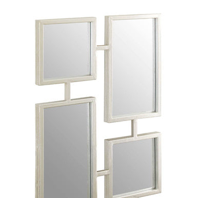Beauly silver multi frame mirror with white metallic geometric rectangular and square panels in an asymmetrical design