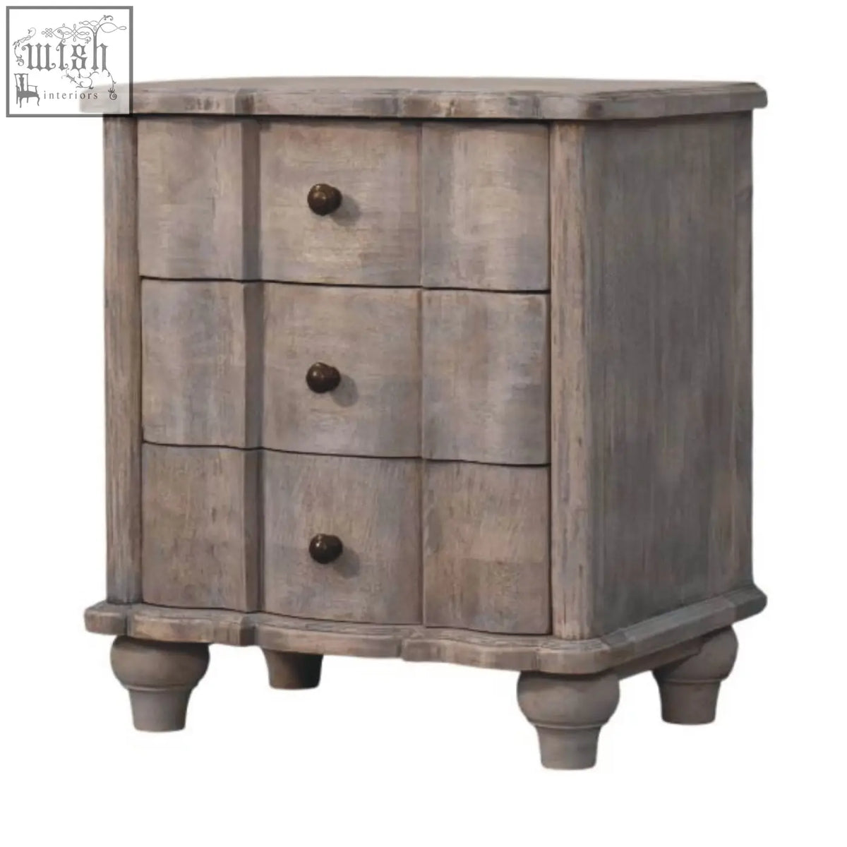 Gray distressed acid wash tone bedside table with three drawers dark round knobs beaumont curved design