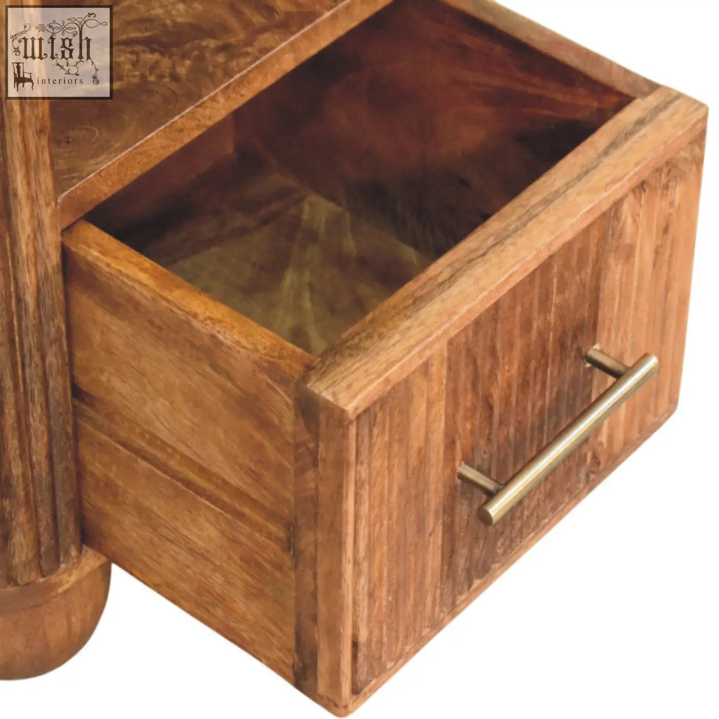 Beaumont marble bedside table with rustic solid mango wood drawer and warm finish featuring sleek brass handle