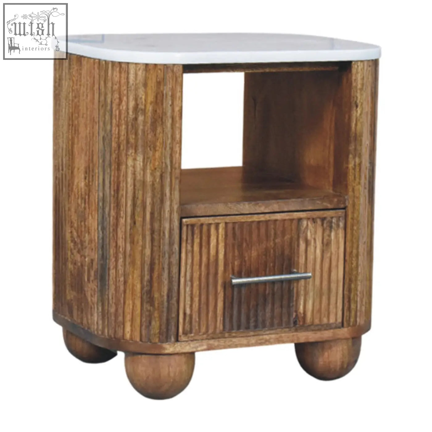Rustic beaumont marble bedside table with white marble top and round ball feet made of solid mango wood