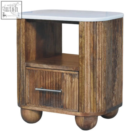 Rustic beaumont marble bedside table with white marble top and solid mango wood in grooved design and rounded feet