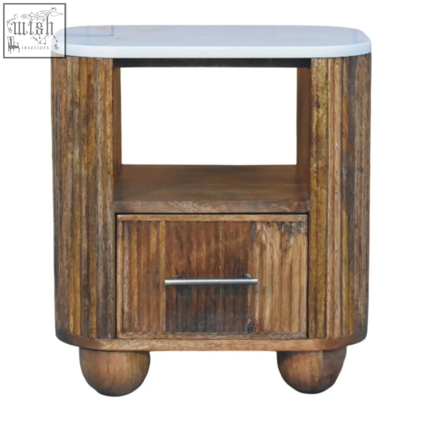 Rustic beaumont marble bedside table with white marble top and round ball feet in solid mango wood finish