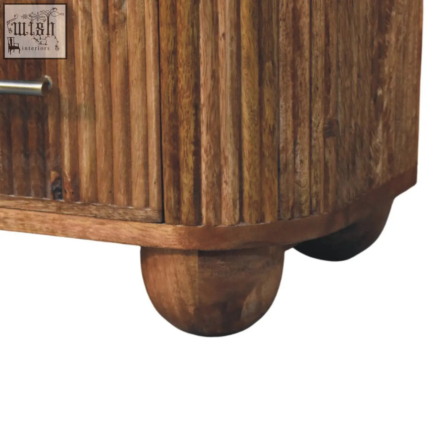 Rustic beaumont marble bedside table with marble effect top vertical slats and solid mango wood rounded ball feet