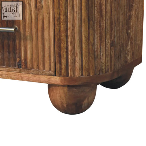 Rustic beaumont marble bedside table with marble effect top vertical slats and solid mango wood rounded ball feet