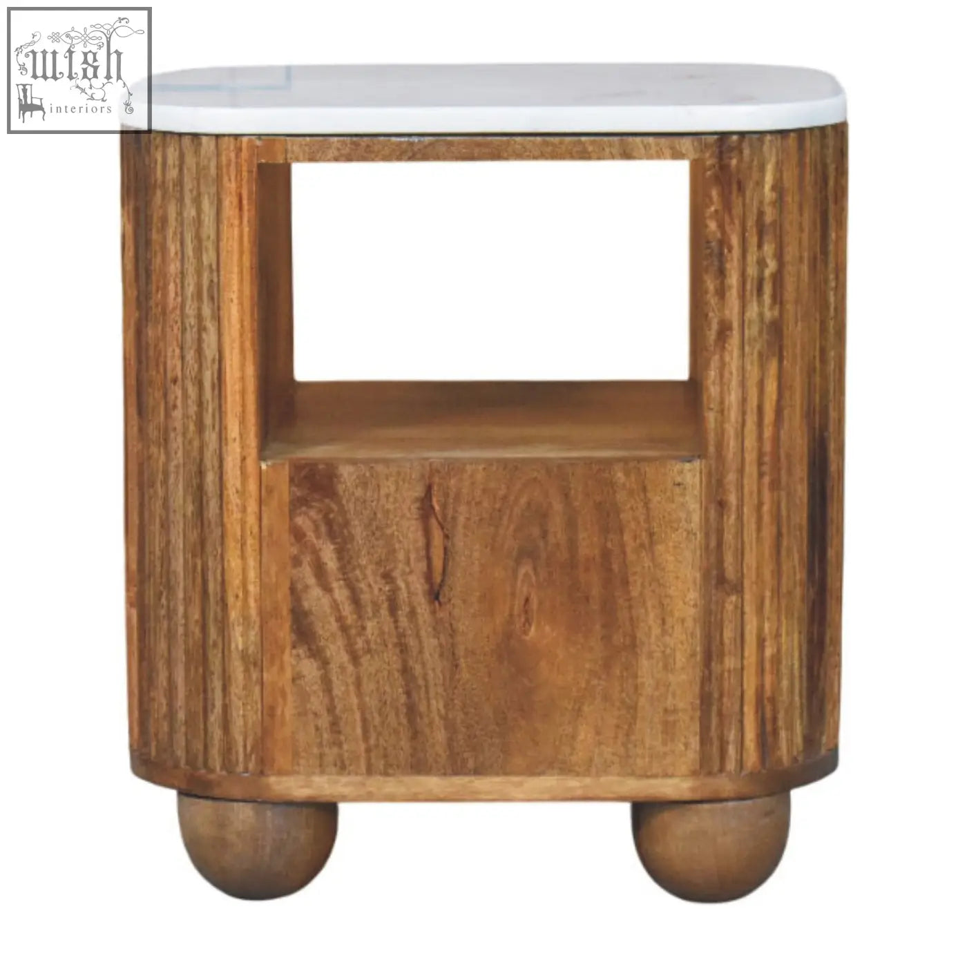 Rustic beaumont marble bedside table with white marble top rounded ball feet made of solid mango wood